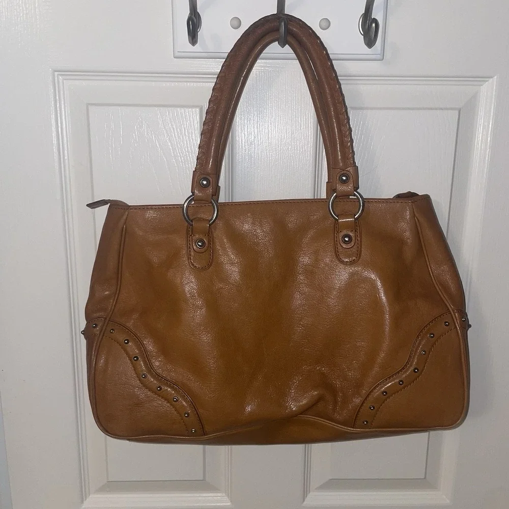 Michael Michael Kors Women's Brown Tan Leather Studded Work Bag Purse Handbag